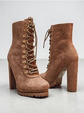 Faux Suede Lace-Up High Heel Platform Boots Taupe Womens Size 6.5